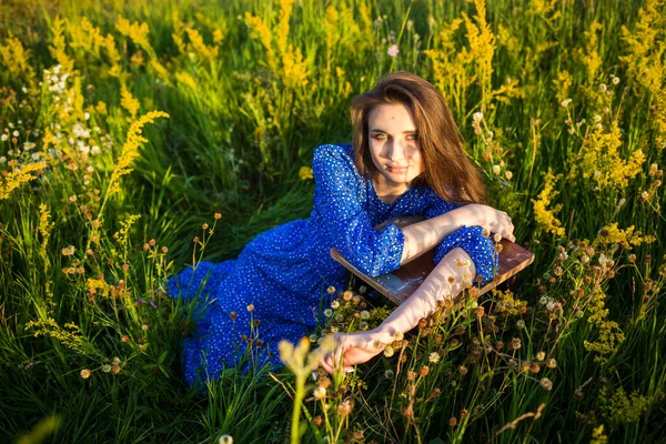 Ritratto Una Bella Ragazza Sulla Sedia All Aperto Nel Campo — Foto Stock