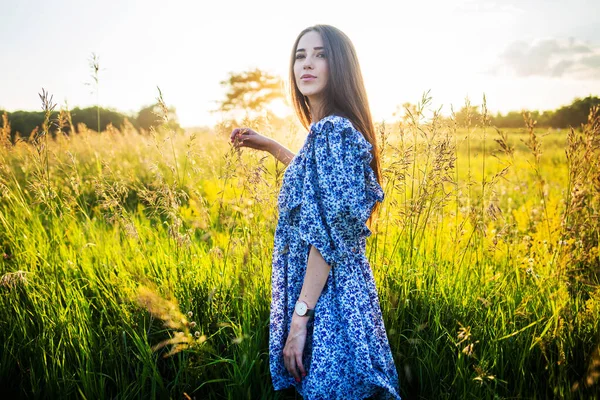 Молода Красива Європейська Дівчина Заході Сонця Полі — стокове фото
