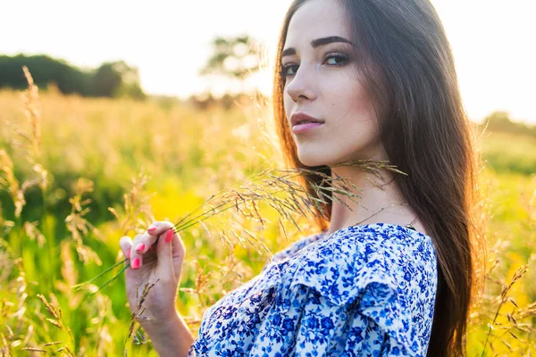 Junge Schöne Europäische Mädchen Der Untergehenden Sonne Auf Dem Feld — Stockfoto