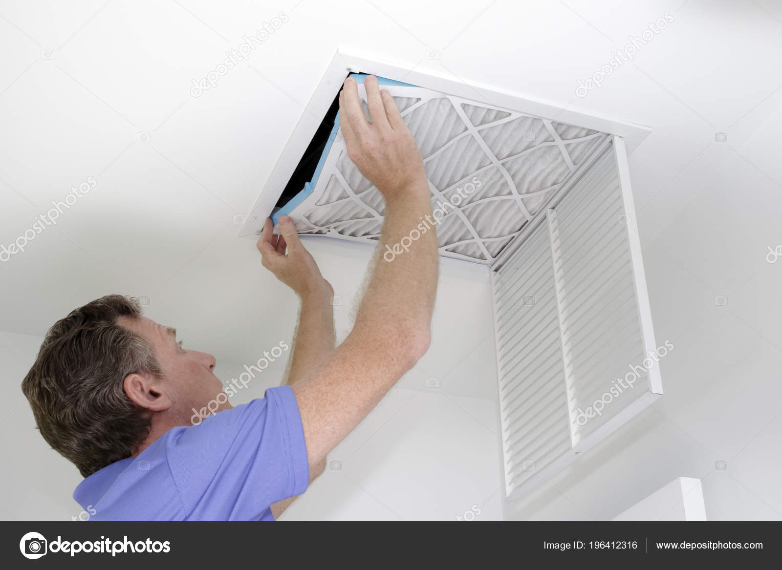 Putting New Air Filter Guy Placing Square Ceiling Intake