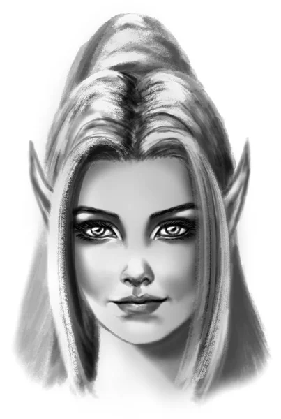 Magic Elf Portrait Drawing Black White Pencils — Stock Photo, Image