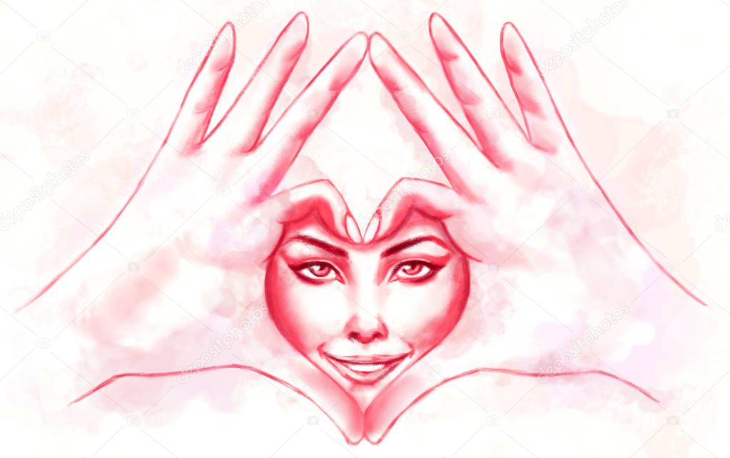 smiling woman face in heart sign made with hands rough sketch drawing illustration