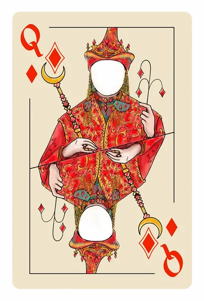 Queen of Diamonds card game template illustration.Asian styled dress for the Queen, empty placeholder for the face. Ink and watercolor style illustration.