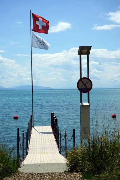 Schweizer Und Olimpische Flaggen Ufer Des Genfer Sees Der Schweiz — Stockfoto