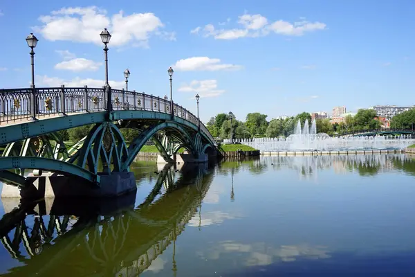 モスクワ ロシア連邦 2018年 月年頃橋とレニノ公園の噴水 — ストック写真