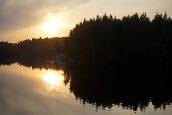 Coucher Soleil Forêt Sur Lac Dans Région Moscou Russie — Photo