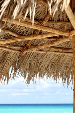 Plaj şemsiyesi ve zümrüt su arka planı tatil konsepti olarak