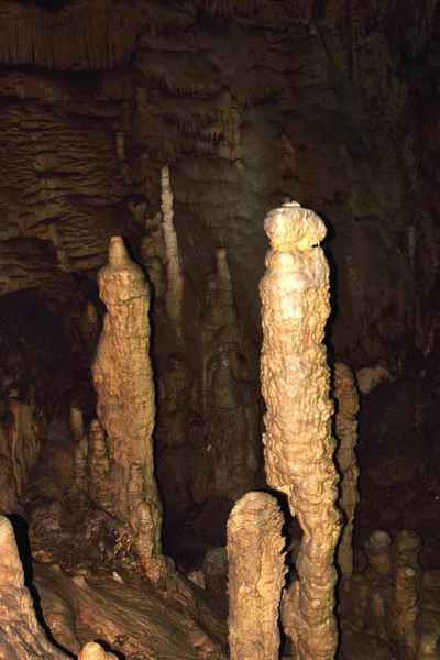 Cave wall, stalagmites and stalactites as a background or texture
