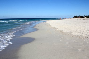 Arka plan olarak tropik Karayip plajı ve zümrüt su manzarası. Rüya tatili. Küba