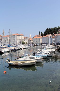 Slovenya 'nın Piran kentinde tekne ve şamandıralı bir marina manzarası