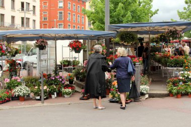 Lyon, Fransa 'da çiçek pazarından alışveriş.