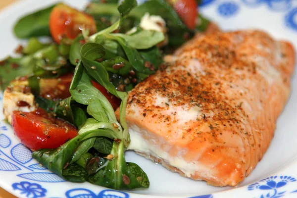 Salmon Steak Fresh Salad Macro — Stock Photo, Image