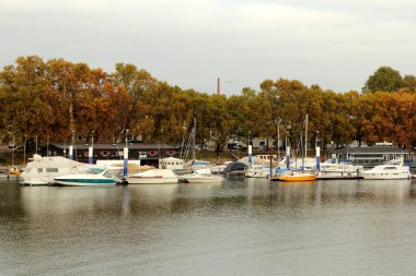 Wiesbaden Schierstein Limanı, Hesse, Almanya. Ren Nehri 'nde yer alan Schierstein, Rheingau Geçidi olarak bilinir..