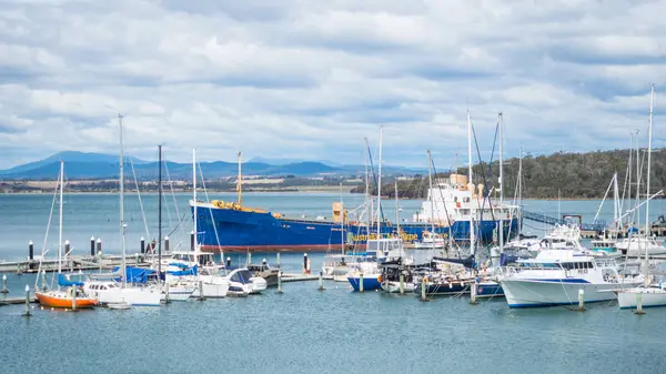 Tasménia Austrália Fevereiro 2019 Cargueiro Barcos Iates Menores Ancorados Rio — Fotografia de Stock