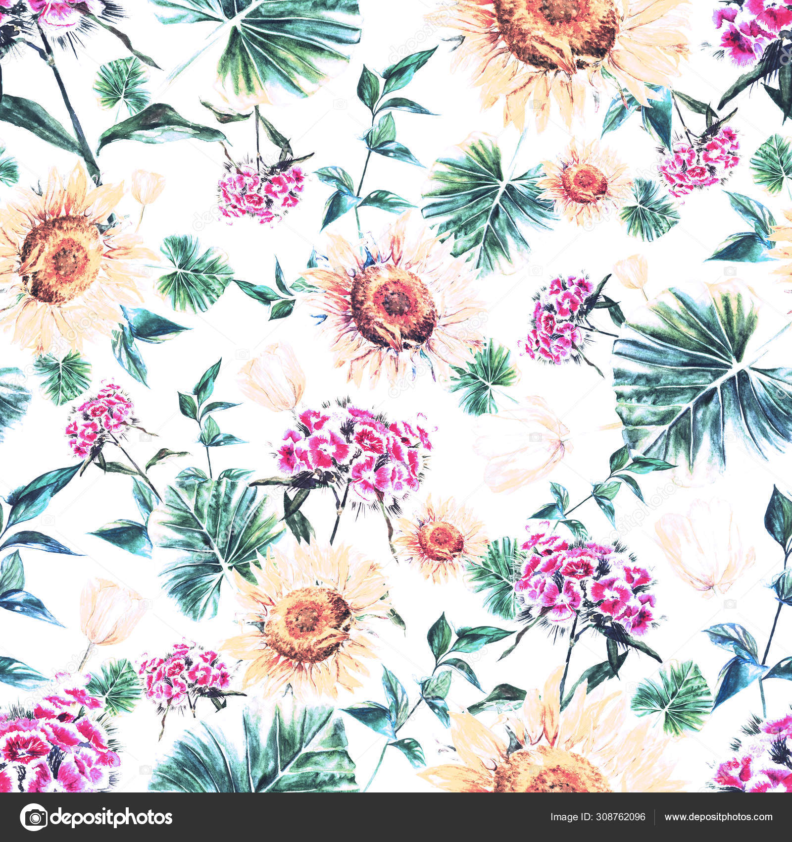 Watercolor hand drawn rustic pattern with flowers in vintage style ...