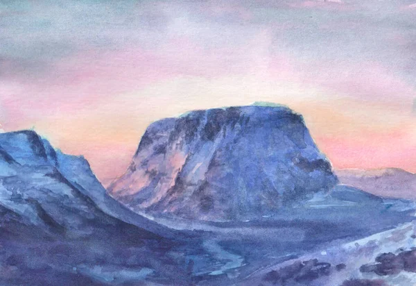 Akvarell táj svéd hegyek napkeltekor — Stock Fotó