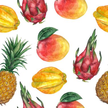 Ananas, mango, karambola ve ejderha meyveli kusursuz desen. Tropikal, egzotik, moda. Suluboya