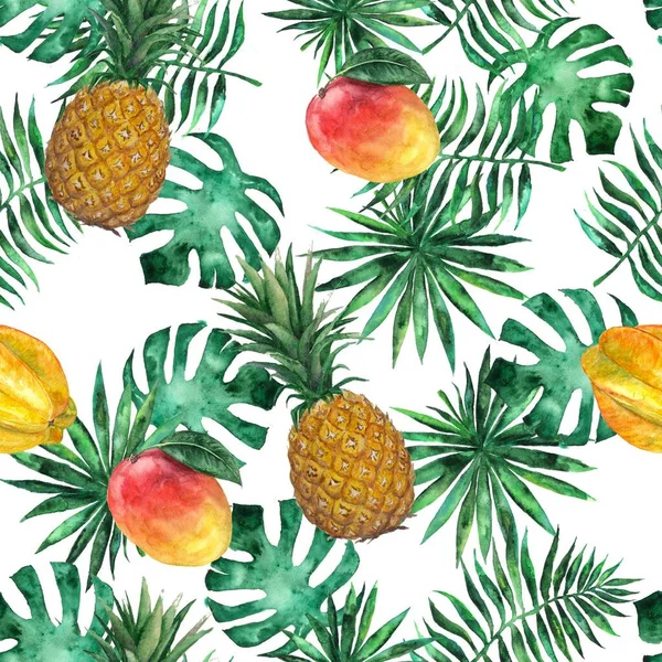 Nahtloses Muster mit Ananas, Mango, Seesternen, Karambolen und Blättern. tropisch, exotisch, Mode. — Stockfoto