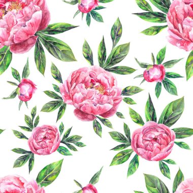 Suluboya el, şakayık çiçekleri ve yapraklarla dikişsiz bezeli bezelye deseni çizdi.