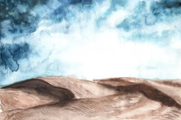 Akwarelowa ilustracja pustynnego krajobrazu. Ręcznie rysowane tło, tapeta, tło, szablon dla projektu pustynie niebo — Zdjęcie stockowe