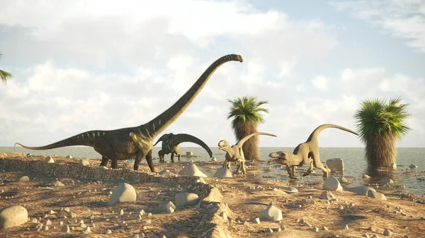 Afspraak Van Confrontatie Tussen Mamenchisaurus Dakotaraptor — Stockfoto