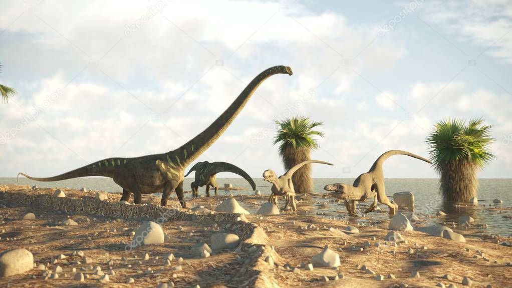 3d rendeing of the mamenchisaurus vs dakotaraptor confrontation