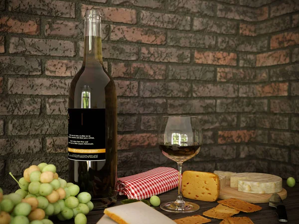 ワインとチーズの静物の3Dレンダリング — ストック写真