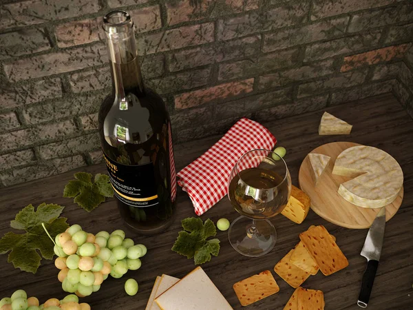ワインとチーズの静物の3Dレンダリング — ストック写真