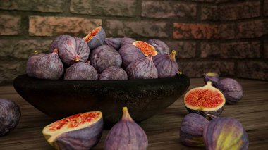 Ahşap masa üzerinde olgunlaşmış incir 3d render