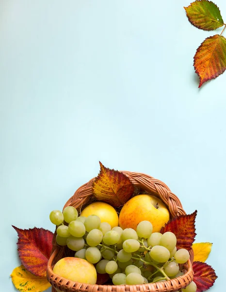 Thanksgiving Art Autumn Leaves Fruit Basket Fresh Autumn Fruit — Stock Photo, Image