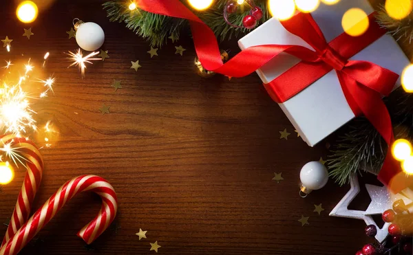 Kerstboom Decoratie Giften Van Vakantie Prettige Kerstdagen Gelukkig Nieuwjaar Achtergrond — Stockfoto