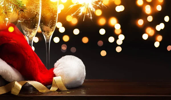 Noël Heureux Nouvel Fond Fête Champagne Chapeau Père Noël — Photo