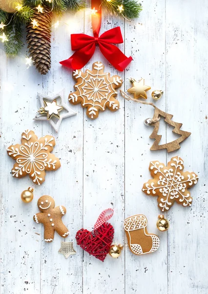 Kerstvakantie Decoratie Kaart Achtergrond Plat Leggen Van Kerst Ornament — Stockfoto