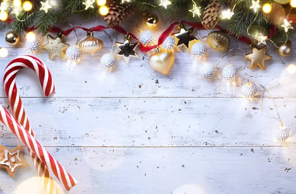 Composición Navideña Sobre Fondo Madera Decoración Del Árbol Navidad Espacio —  Fotos de Stock