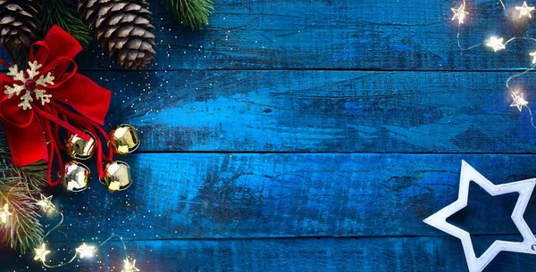 Christmas Decoration Vintage Style Old Blue Wooden Board — Stock Photo, Image
