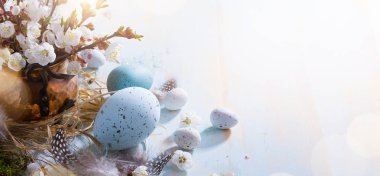 bright Easter background;  Easter eggs basket and sprig flowers on blue table background clipart