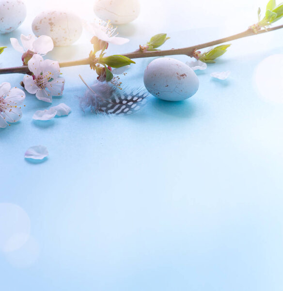 Пасхальные яйца с весенними цветами на голубом фоне
