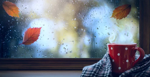 Tasse rouge avec boisson chaude et fenêtre automnale humide ; Automne saison ba — Photo