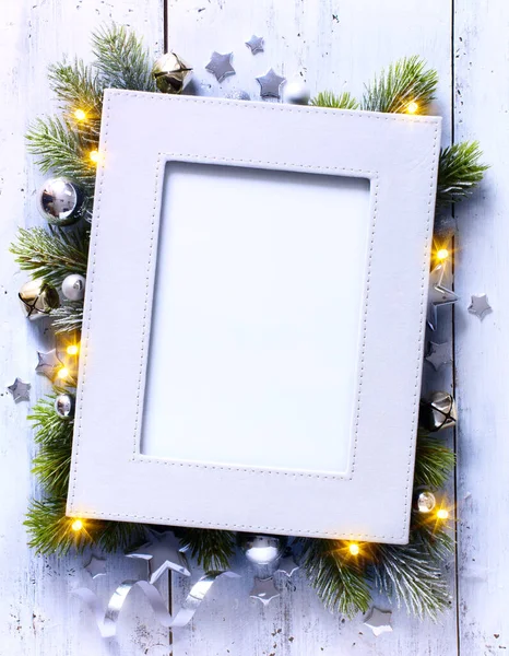 Arte Navidad decoración fondo con decoración de vacaciones y plac —  Fotos de Stock