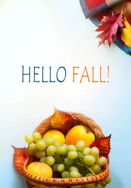 Hello Fall Message Autumn Leaves Seasonal Fruit Warm Scarf Blue — Stock Photo, Image