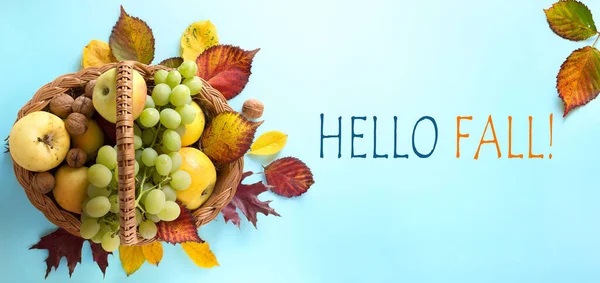 Hello Fall Message Autumn Leaves Seasonal Fruit Warm Scarf Blue — Stock Photo, Image