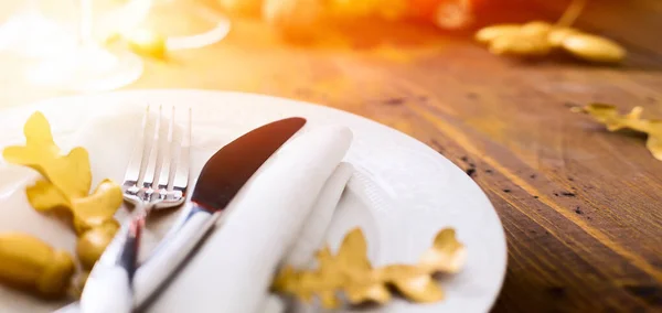 Fondo Cena Acción Gracias Arte Con Plato Vacaciones Cubiertos Mesa — Foto de Stock