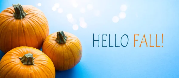 Hello autumn banner; thanksgiving holiday party background with autumn pumpkin on blue backgroun