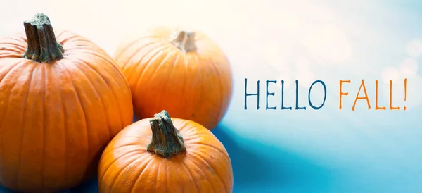 Hello autumn banner; thanksgiving holiday party background with autumn pumpkin on blue backgroun