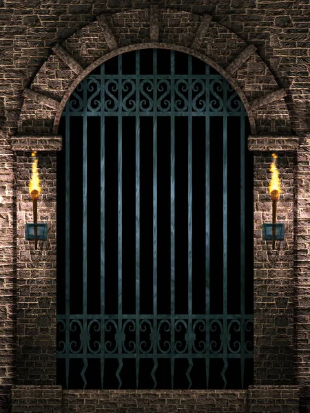 Medieval Castle Arch Iron Castle Gate Torches Illustration — Stock Photo, Image