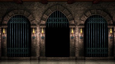 Demir gate.3d illüstrasyon ile Ortaçağ Kalesi kemerler.