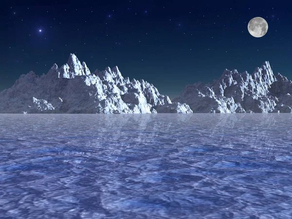 Arctic night with stars and moon.3d illustration.