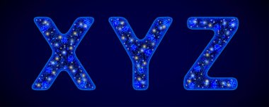 Karlı yazı tipi. Koyu mavi zemin üzerine mavi parlak harfler. Festival yazıtlar için.