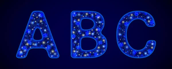 Font Innevato Lettere Luminose Blu Sfondo Blu Scuro Iscrizioni Festive — Vettoriale Stock