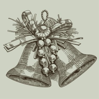 Noel dekorasyonu, bir yay ile iki çan. Serbest el çiziminin.